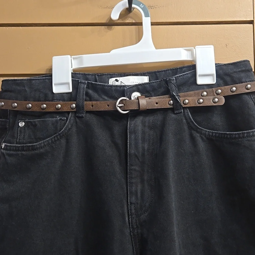 Zara Black Denim Bermunda Short With Brown Belt Size 4 - Picture 2 of 7